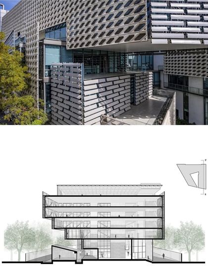 A comparison of the architectural section and the completed facade of the Mankind HQ. The design's intent to create layered terraces and shaded transitions is realized in the final form, linking the internal program with the natural landscape.