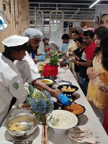 My chefs serving guests at the live chaat counter during the Holi party. We ensure the service is quick, hygienic, and friendly, so everyone can enjoy the festivities without a long wait.