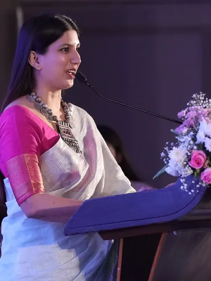 Addressing industry leaders at the Bharat Tex 2025 Global Textile Expo. Hosting events with Union Ministers and government officials requires a specific protocol and poise, which I am experienced in delivering.