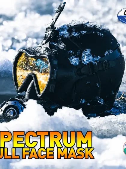 Built for extreme environments, the OTS Spectrum Full Face Mask is shown here in icy conditions. It provides crucial thermal protection by keeping the face warm and sealed from freezing water, reducing the stress of cold-water shock.