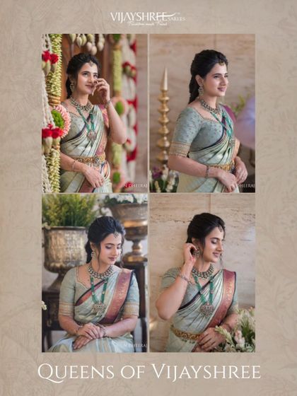 A collage celebrating Ranjitha's complete look, from the intricate jewelry pairing to the elegant drape of her VijayShree Kanjivaram.