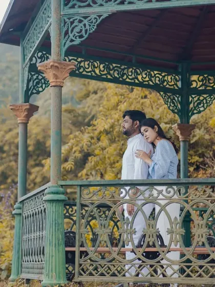 A quiet moment in a beautiful gazebo overlooking the hills of Rishikesh. We found this charming spot to capture a peaceful and romantic portrait during the couple's destination pre-wedding shoot.