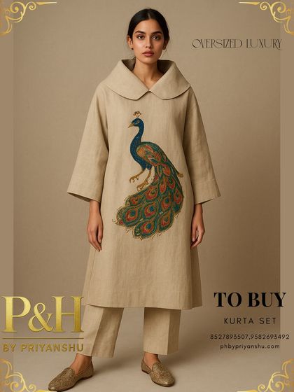 A regal beige linen kurta set, featuring an oversized collar and a magnificent, full-color hand-embroidered peacock. This is a statement piece of wearable art.