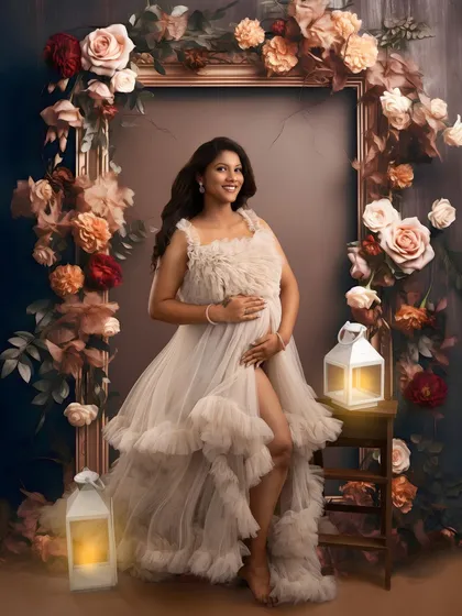 A full view of the beautiful floral frame and ruffled gown. The mother's happy expression and the warm lighting create a cozy and elegant atmosphere.