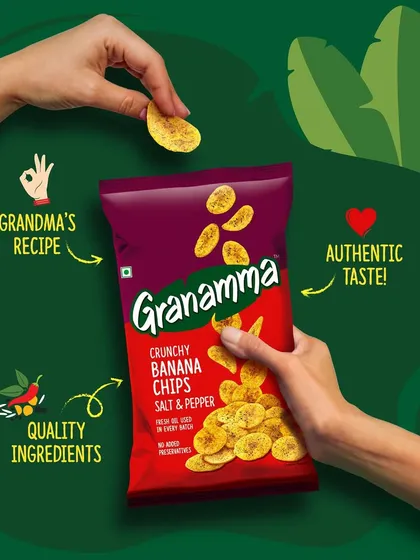 For Granamma's Banana Chips, the concept involved hands interacting with the product to convey a sense of authentic, homemade quality. The banana leaves in the background add a touch of natural context.