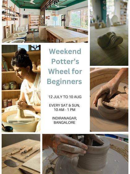 A collage announcing our July-Aug weekend Potter's Wheel course for beginners.