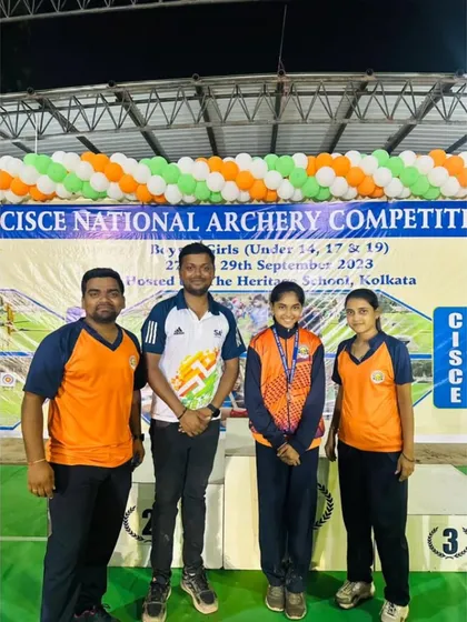 Posing with one of our national silver medalists. This student secured 2nd place at the CICSE National Archery Competition in Kolkata, a fantastic result of her hard work.