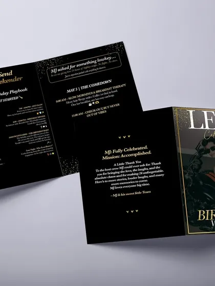 Celebrating 24 in style with a perfectly planned itinerary. This birthday playbook was designed as a folded card, outlining the "Full-Send Birthday Weekender" with a cool, magazine-cover look.