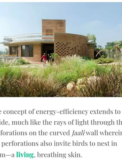 The perforated Jaali wall acts as a living, breathing skin for the house. These perforations allow light and air to filter through while also providing nesting spaces for local birds, directly contributing to the site's biodiversity.