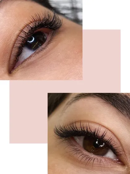 A close-up look at our eyelash extension work. Notice how each lash is perfectly placed to create a full, beautiful, and wide-eyed effect.