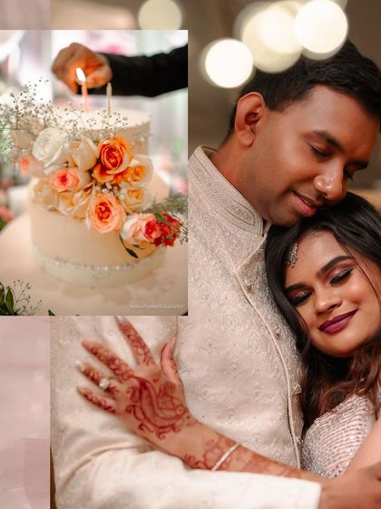 A collage of sweet moments and details from an engagement ceremony, including the cake, the ring, and a loving hug.