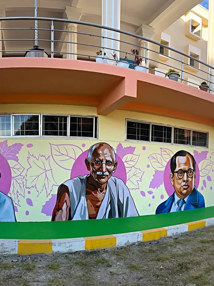 A panoramic view of the mural featuring portraits of Rabindranath Tagore, Mahatma Gandhi, and B.R. Ambedkar. Each portrait was carefully painted to capture their likeness and spirit.