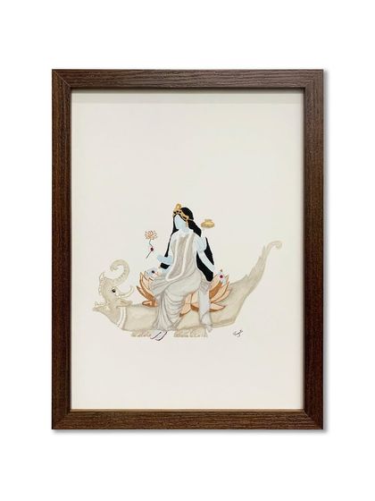 The full view of the framed artwork. The dark wood frame provides a beautiful contrast to the light background of the piece.