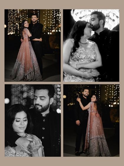 A collage of romantic black and white portraits from the sangeet night. It captures the couple's loving embraces and kisses against a backdrop of twinkling lights.
