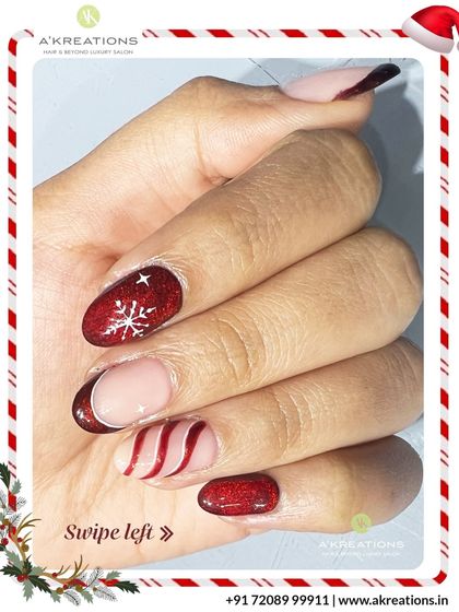 Another view of the elegant red and pink Christmas nail art, perfect for celebrating the holidays with style.