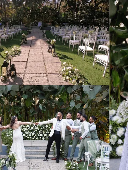 A collage showing fun moments from a minimalist wedding reception, including the couple with their wedding party and the elegant aisle setup.