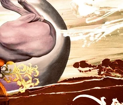 Another detail from "Fucchu's comeback," showing the abstract elements that surround the realistic portrait. These splashes and forms represent memory and spiritual energy.