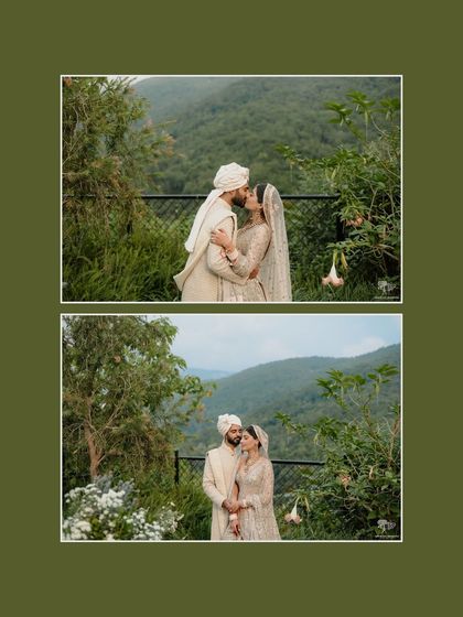 A two-part story of romance in the hills. The couple shares a kiss and a quiet moment against the breathtaking mountain scenery of Dehradun, capturing the beauty of their love and the location.