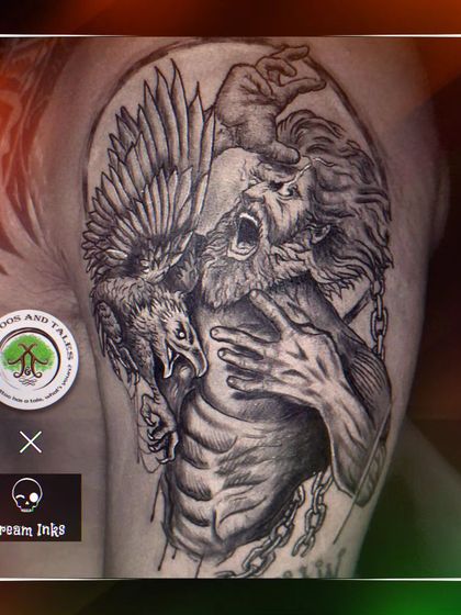A black and grey tattoo depicting a scene from Greek mythology. This piece was done during a guest spot at Dream Inks Tattoo studio in Chennai.