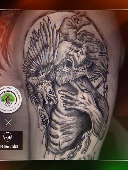 A black and grey tattoo depicting a scene from Greek mythology. This piece was done during a guest spot at Dream Inks Tattoo studio in Chennai.