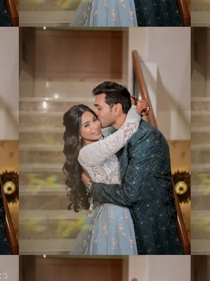 A collage capturing a tender kiss on the cheek. This format allows us to show the moment from different angles, emphasizing the emotion and the beautiful details of their outfits.