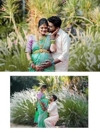 A collage from a maternity shoot in our gardens. The couple shares tender moments amidst the tall, feathery pampas grass, creating a soft and romantic feel.
