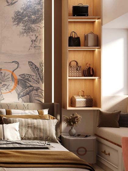 A detail shot of a bedroom with a cozy window seat and built-in wooden shelving, perfectly designed to showcase a collection of luxury handbags.