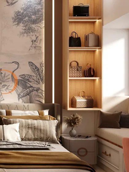 This shot highlights the custom-built open shelving, perfectly designed to display a handbag collection, adding a personal and luxurious touch.