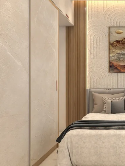 A close-up from a 3D bedroom design, showing the combination of textures. I've used a stone-finish laminate for the wardrobe, wood fluting, and a textured wall panel behind the bed.
