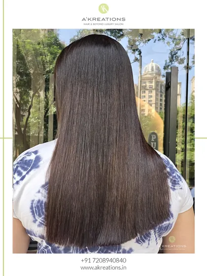 The final result of a hair botox treatment combined with a rich brown color. The hair is visibly healthier, smoother, and full of life.