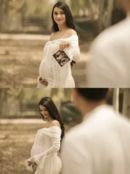 A collage showing the mother-to-be revealing her sonogram pictures to her partner. This is a beautiful storytelling sequence, capturing a key moment of their journey.