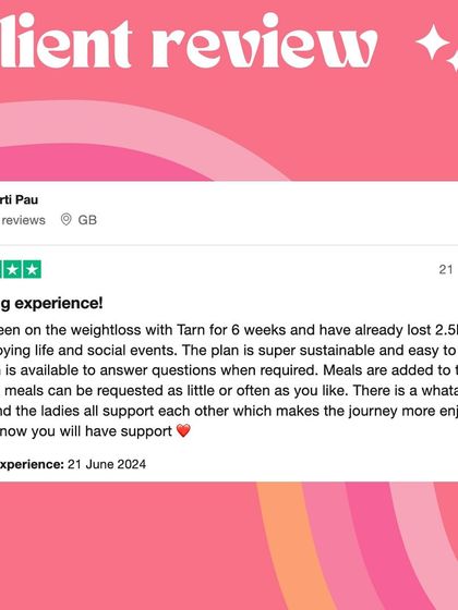 A 5-star review from Arti: "Amazing experience! I have been on the weightloss with Tarn for 6 weeks and have already lost 2.5kg while also enjoying life and social events."