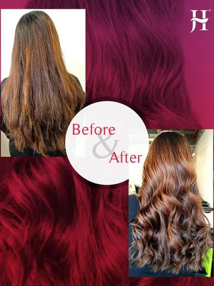 Here, we took hair that was previously coloured and a bit dry and transformed it into a rich, glossy style with beautiful, flowing curls. This shows how we can revive hair and create a healthy, glamorous finish.