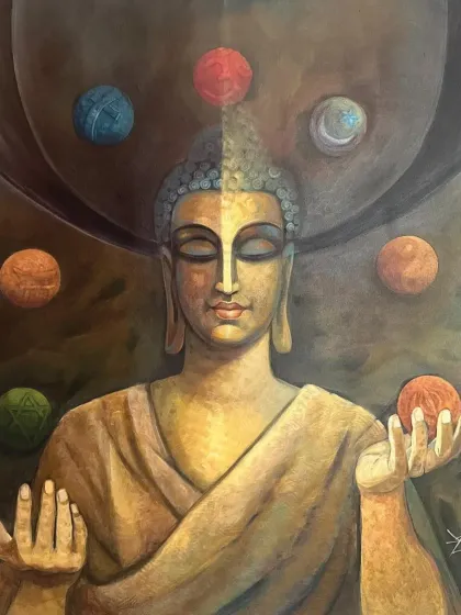 A 40x40 inch acrylic on canvas painting of Gautama Buddha in meditation, balancing the different spheres of life and religion.