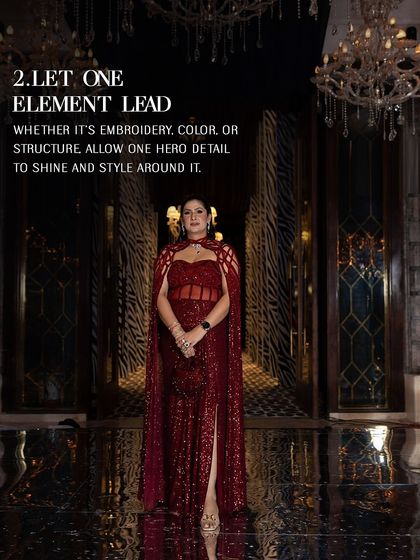 A client embodying one of my core styling principles: let one element lead. Here, the hero is the rich crimson color and intricate embellishment of her caped gown.