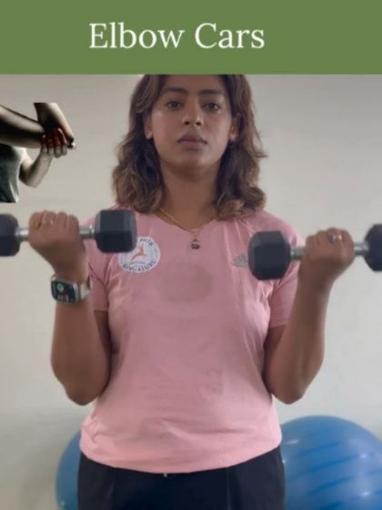 Elbow pain can be a surprising symptom during pregnancy and postpartum. This image introduces a series of exercises, like Elbow CARs (Controlled Articular Rotations), to improve joint health.