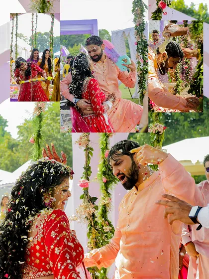 A collage of fun-filled moments from a Haldi ceremony, from the couple being showered with flower petals to playful interactions with family. It's a story of pure celebration.
