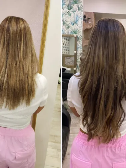 This transformation focused on adding volume and a gentle wave. The extensions give her hair a fuller body and a soft, styled finish that looks effortlessly chic.