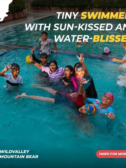 We are all about family fun. Here are some of our younger guests having a blast in the swimming pool at our Mountain Bear resort, a safe and exciting space for kids to make a splash.