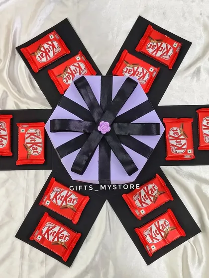 The first layer of a KitKat-themed butterfly explosion box, showing the neat arrangement of chocolates.
