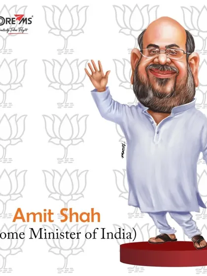 A full-figure caricature of India's Home Minister, Shri Amit Shah.