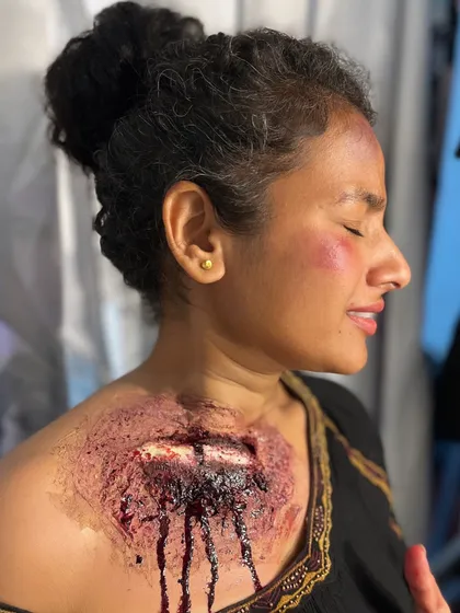 We push the boundaries of makeup artistry. This realistic wound is an example of the SFX makeup techniques taught in our advanced courses, preparing you for creative projects in film, fashion, and beyond.