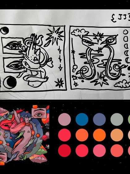 A process image showing my initial thumbnails and the final color palette chosen for the podcast cover art.