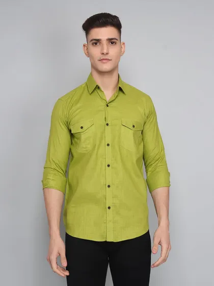 A standard front-facing model shot of a men's green shirt against a neutral grey backdrop. This is the essential hero image for any e-commerce product listing, showing the full garment clearly.