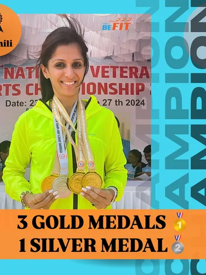 We celebrate Maithili Agasti's remarkable achievements at the National Masters Sports Championship. She secured silver in the 200m and brought home three gold medals in the 400m and relay events. A true champion performance!
