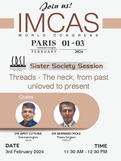 Another poster for the CDSI session at IMCAS Paris, inviting attendees to get the latest updates on thread techniques for neck rejuvenation.
