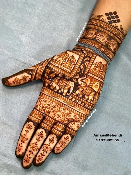 A beautiful design featuring a procession of elephants in framed panels. The wrist is decorated with bands of traditional patterns, creating a classic look.
