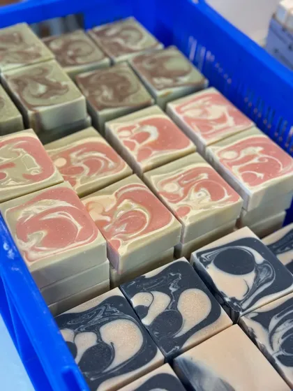 A look at some of our artisan soaps curing in the studio. From top to bottom: Superfood, Plumeria, and Mint Chaicoal. Each one is powered by natural ingredients and essential oils.