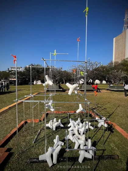 An installation representing Mumbai's tetrapods, a familiar sight on our coastlines. This piece connects the city's urban landscape with its art scene.