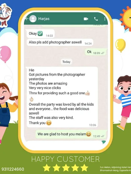 "The photos are amazing... Overall the party was loved by all the kids and everyone." This client's WhatsApp message highlights the quality of our add-on services like photography.